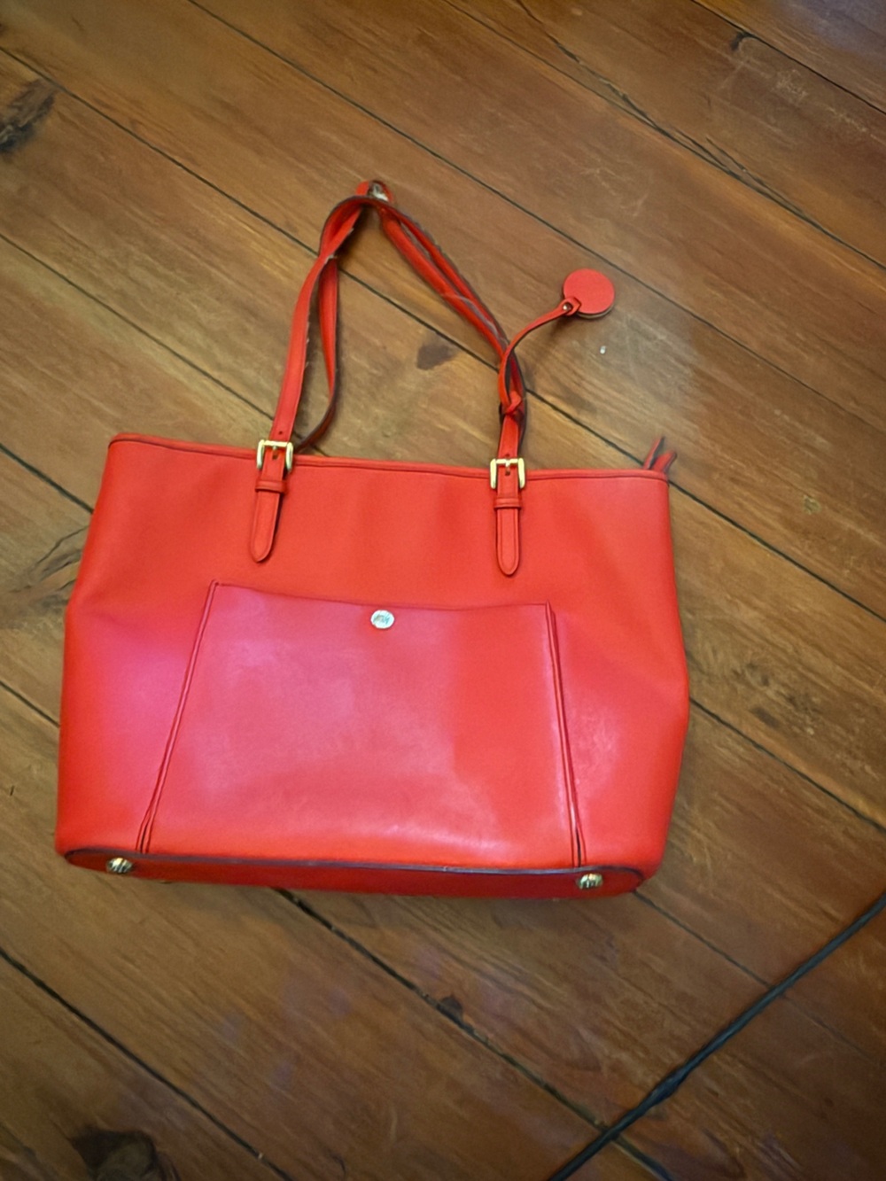 Michael Kors Red Leather Tote with Front Slip Pocket and Gold Hardware